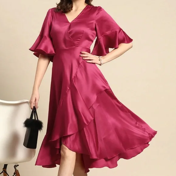 elegant dress shein SHEIN Modelyn Women's Solid Color Ruffled Flare Sleeve Maxi Elegant Dr |  Dress